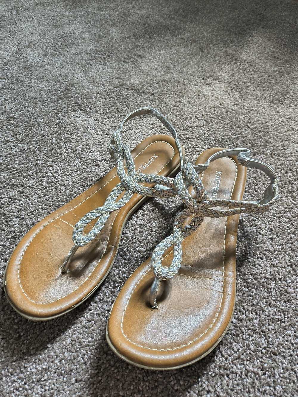 Xappeal Tan Footbed Sandals with Silver Braided T-Strap